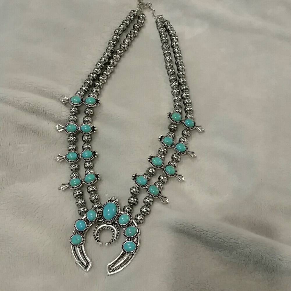 Squash blossom style faux turquoise necklace